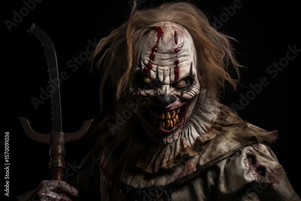 Fototapeta Scary zombie on black background. Horror movie. Halloween concept. Halloween theme. Evil Clown. Horror movie Concept. Halloween Concept with Copy Space.