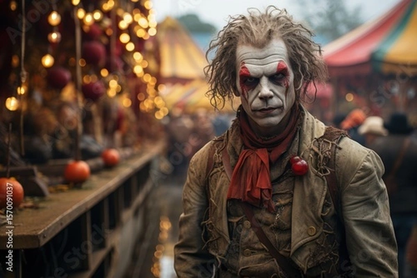 Fototapeta Portrait of a scary clown at the carnival. Halloween. Halloween theme. Evil Clown. Horror movie Concept. Halloween Concept with Copy Space.