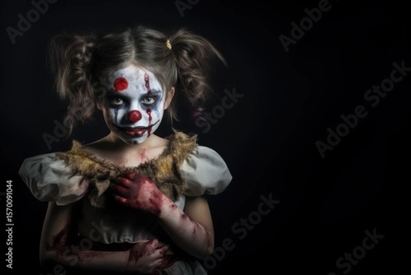 Fototapeta Portrait of a little girl with a clown makeup on a black background. Halloween theme. Evil Clown. Horror movie Concept. Halloween Concept with Copy Space.