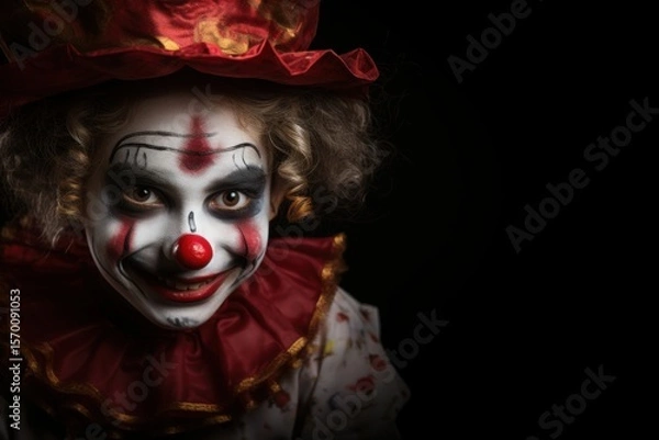 Fototapeta Close-up portrait of a scary clown on a black background. Halloween theme. Evil Clown. Horror movie Concept. Halloween Concept with Copy Space.