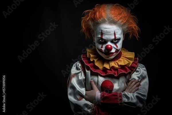 Fototapeta Portrait of a scary clown with red hair on a black background. Halloween theme. Evil Clown. Horror movie Concept. Halloween Concept with Copy Space.