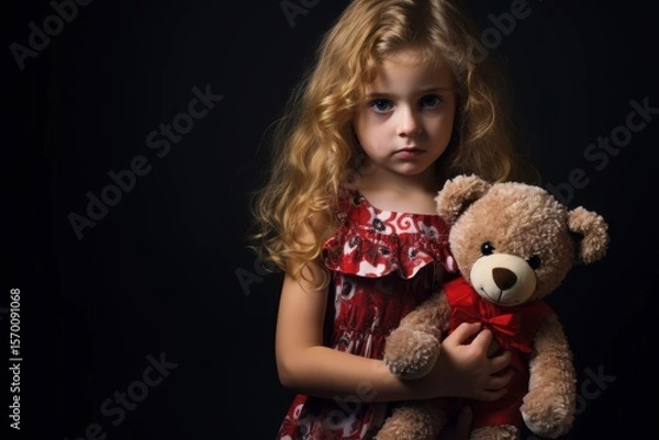 Fototapeta Sad little girl with a teddy bear on a black background. Halloween theme. Evil Clown. Horror movie Concept. Halloween Concept with Copy Space.