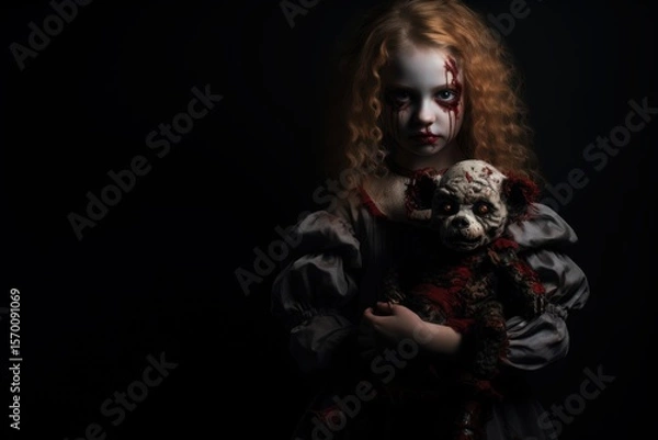 Fototapeta Portrait of a girl with a doll on a black background. Halloween. Halloween theme. Evil Clown. Horror movie Concept. Halloween Concept with Copy Space.