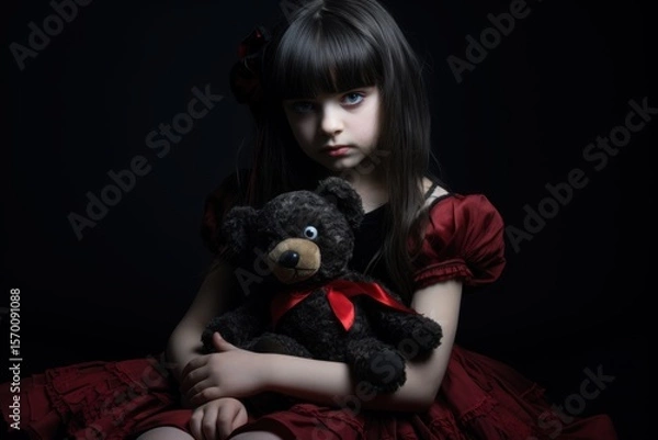 Fototapeta Little girl in a red dress with a teddy bear on a black background. Halloween theme. Evil Clown. Horror movie Concept. Halloween Concept with Copy Space.