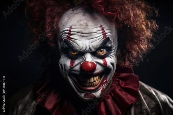 Fototapeta Close-up portrait of a scary clown on dark background. Halloween. Halloween theme. Evil Clown. Horror movie Concept. Halloween Concept with Copy Space.