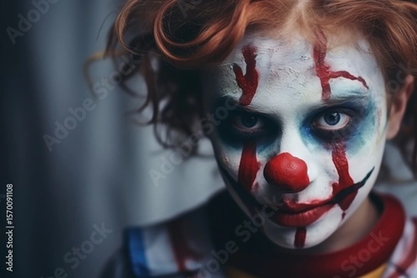 Fototapeta Close-up portrait of a scary clown with red hair. Horror movie. Halloween theme. Evil Clown. Horror movie Concept. Halloween Concept with Copy Space.
