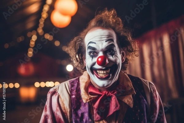 Fototapeta Portrait of a clown in a clown costume on a blurred background. Halloween theme. Evil Clown. Horror movie Concept. Halloween Concept with Copy Space.