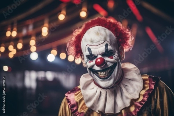 Fototapeta Portrait of a clown in a carnival costume with a red nose. Halloween theme. Evil Clown. Horror movie Concept. Halloween Concept with Copy Space.