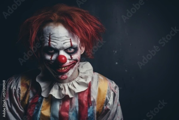 Fototapeta Portrait of a scary clown on dark background. Horror movie. Halloween theme. Evil Clown. Horror movie Concept. Halloween Concept with Copy Space.