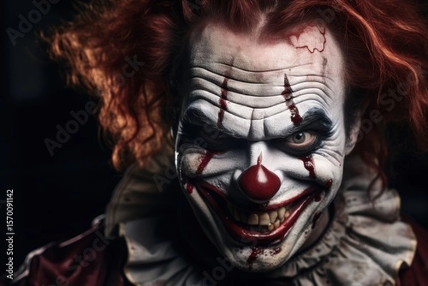 Fototapeta Portrait of a scary clown with red hair. Horror movie. Halloween theme. Evil Clown. Horror movie Concept. Halloween Concept with Copy Space.