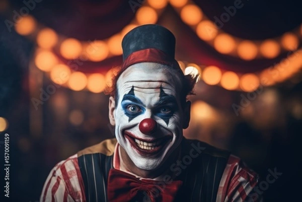 Fototapeta Clown with red nose against the backdrop of a luminous circus. Halloween theme. Evil Clown. Horror movie Concept. Halloween Concept with Copy Space.