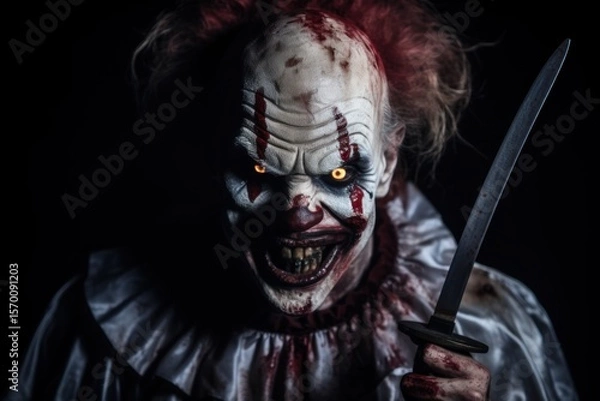 Fototapeta Portrait of a scary clown with a knife on a black background. Halloween theme. Evil Clown. Horror movie Concept. Halloween Concept with Copy Space.