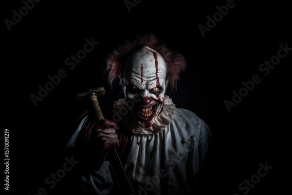 Fototapeta Scary halloween clown with a hammer on a black background. Halloween theme. Evil Clown. Horror movie Concept. Halloween Concept with Copy Space.