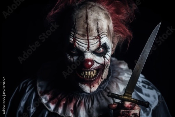 Fototapeta Portrait of a scary clown with a knife on a black background. Halloween theme. Evil Clown. Horror movie Concept. Halloween Concept with Copy Space.