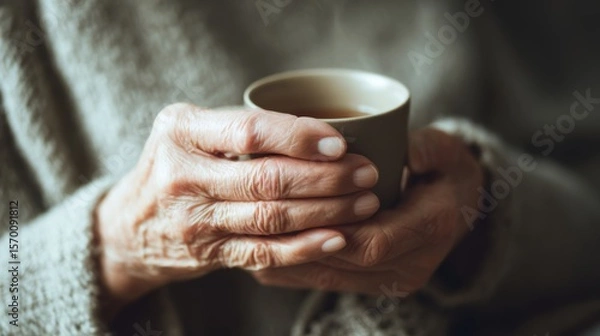 Fototapeta Senior woman's weathered hands holding steaming teacup, soft light illuminating gentle gesture of comfort and tranquility at home
