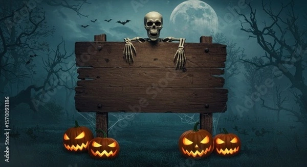 Fototapeta Halloween Scene Skeleton with Blank Wooden Sign Jackolanterns Spooky Forest Background Perfect for Autumnal and Halloween Designs