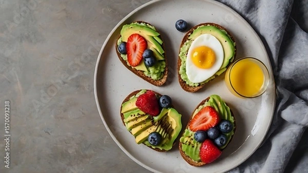 Obraz A plate of avocado toasts topped with fresh fruits and a fried egg is ready for a healthy breakfast