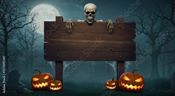 Fototapeta Spooky Halloween Scene Blank Wooden Sign with Skeleton Pumpkins and Graveyard Setting for Autumnal Design