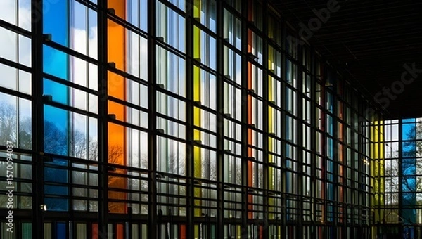 Fototapeta Colorful Geometric Glass Window in Modern Building Interior