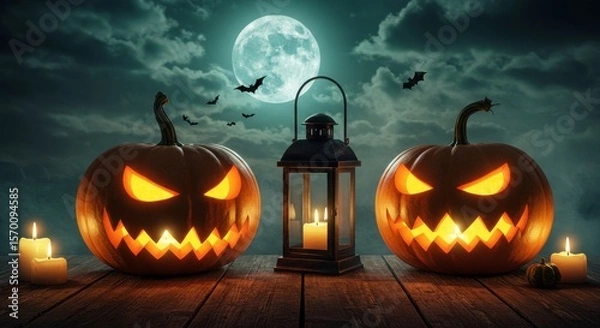 Fototapeta Halloween Night Scene Jackolanterns Lantern and Moonlit Night Background