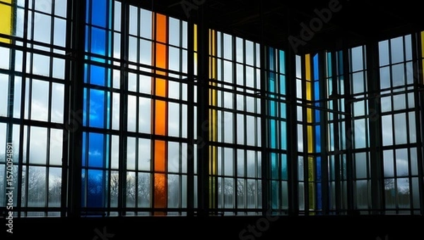Fototapeta Colorful Geometric Glass Window in Modern Building Interior