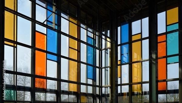 Fototapeta Colorful Geometric Glass Window in Modern Building Interior
