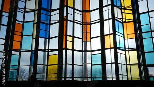 Fototapeta Colorful Geometric Glass Window in Modern Building Interior