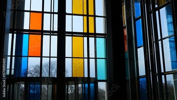 Fototapeta Colorful Geometric Glass Window in Modern Building Interior