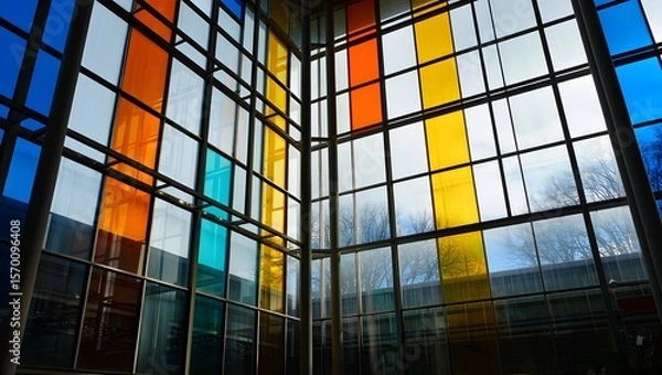 Fototapeta Colorful Geometric Glass Window in Modern Building Interior