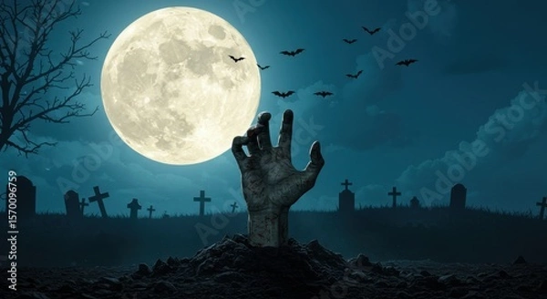 Fototapeta Spooky Night A Zombie Hand Emerges from the Grave Under a Full Moon