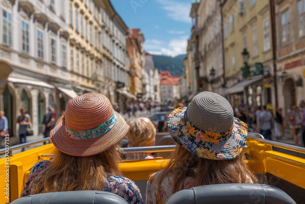 Fototapeta Two women sit on an open-top bus, wearing stylish hats as they explore a bustling European street filled with shops and pedestrians on a sunny day