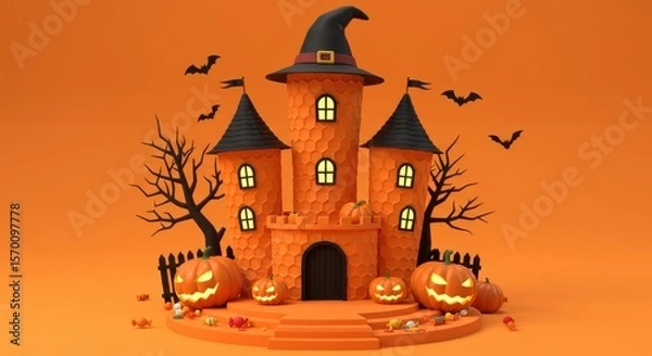 Fototapeta Spooky Hexagon Halloween Castle 3D Render for October Decorations
