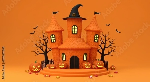 Fototapeta Halloween Pumpkin Castle 3D Render of Spooky Festive Scene