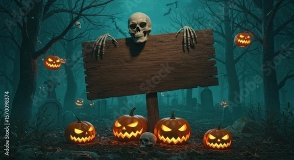 Fototapeta Halloween Graveyard Scene Spooky Wooden Sign with Pumpkins and Skulls in a Haunted Forest