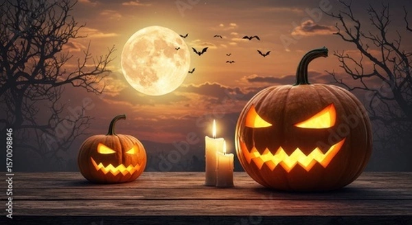 Fototapeta Eerie Halloween Scene Jackolanterns Full Moon and Candles Under a Spooky Sky