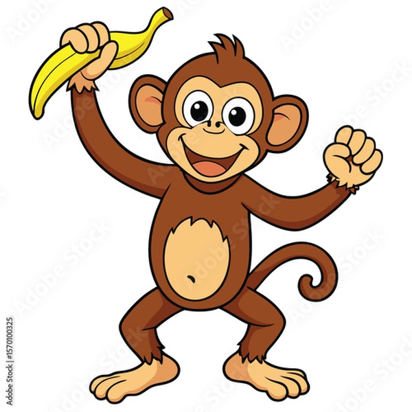 Fototapeta A cartoon monkey holds a banana isolated on white background