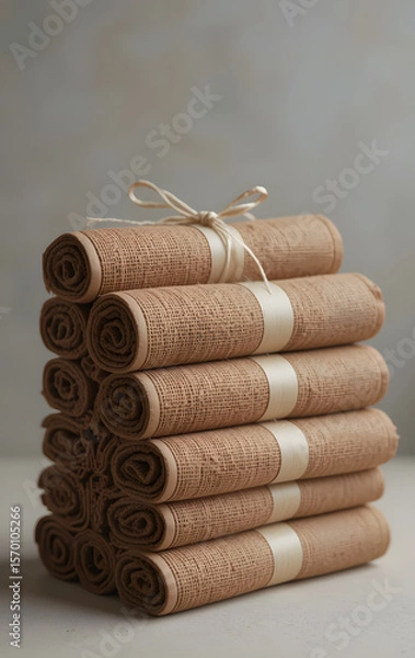 Fototapeta Stack of Rolled Brown Towels Tied with Kraft Paper Band