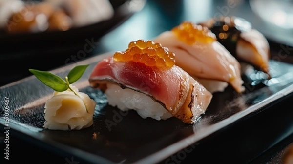 Fototapeta Sushi platter showcasing various types of nigiri with garnishes in a modern dining setting