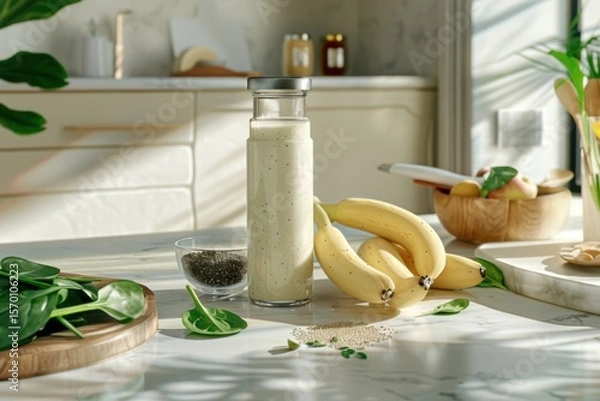 Obraz Fresh weight-loss shake with banana and spinach on marble counter in sunny kitchen