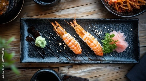 Fototapeta Sushi platter featuring shrimp nigiri served with wasabi and pickled ginger on a wooden table