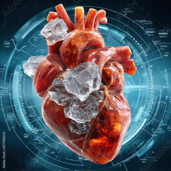 Obraz Surreal heart formed from sugar crystals dissolving among medical charts and light trails