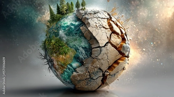 Fototapeta Surreal digital art explores contrasting worlds of nature and desolation on a cracked globe