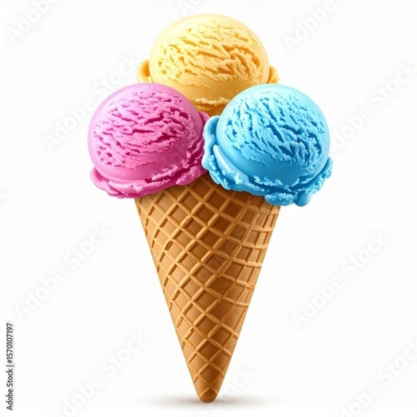 Fototapeta Three Scoops of Pastel Ice Cream in a Waffle Cone