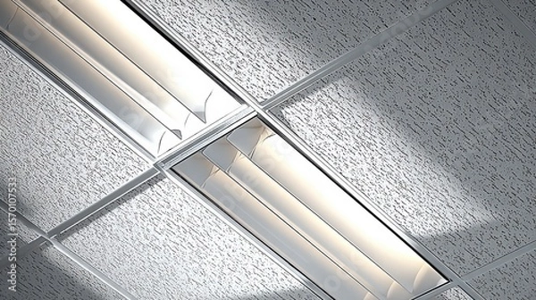 Obraz Fluorescent ceiling lights illuminate white acoustic panels in a modern clinic