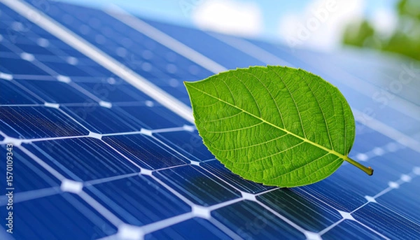 Fototapeta Solar Power and Eco-Friendly Symbol: A close-up shot featuring solar panel cell with a vibrant green leaf delicately placed on its surface, which represents sustainability and green energy.
