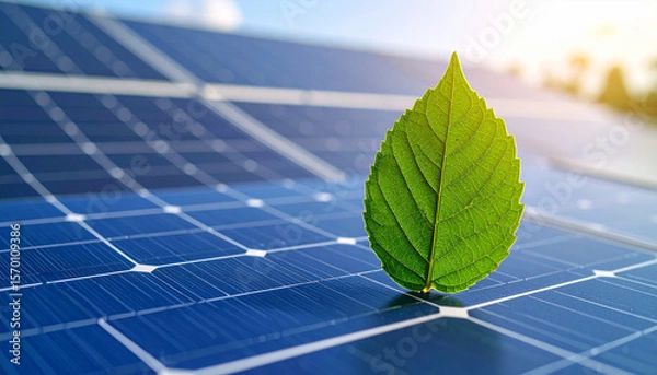 Fototapeta Eco-Friendly Energy: A vibrant leaf rests on a solar panel, symbolizing renewable energy and sustainable solutions against a bright sky