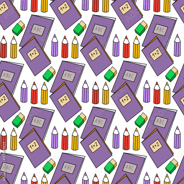 Fototapeta School Supplies - Various colorful "Back to School" badges. Pens, pencils, rulers, Notepad, Backpack, Eraser, sharpener and other goods.