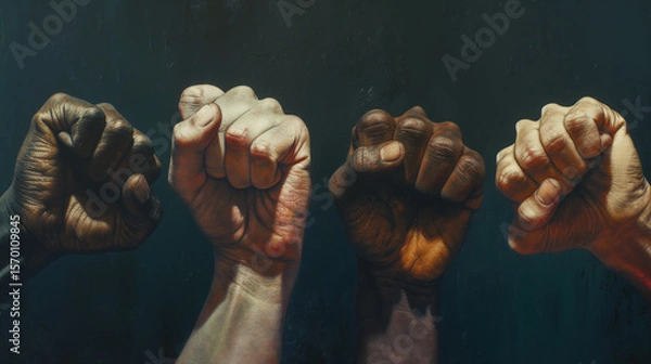 Fototapeta Four raised fists in unity symbolizing resistance, diversity, and social justice