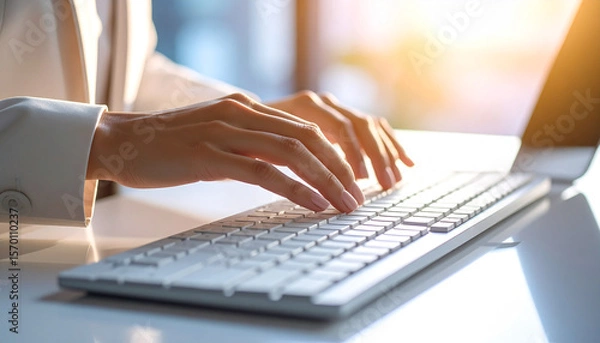 Fototapeta Typing on a keyboard: Close-up shot of hands typing on a modern keyboard. Sunlight shines from a window in the background.  
