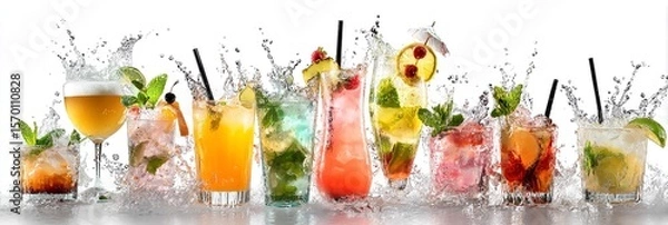 Fototapeta Cocktails Splash. Fresh drinks get splash, for menu, party invitation, bar advertisement.